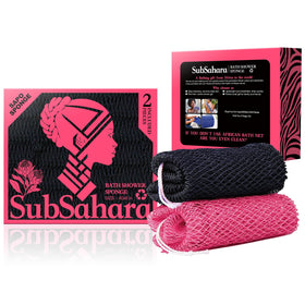 SubSahara front packaging showing two colored net sponges for versatile cleansing