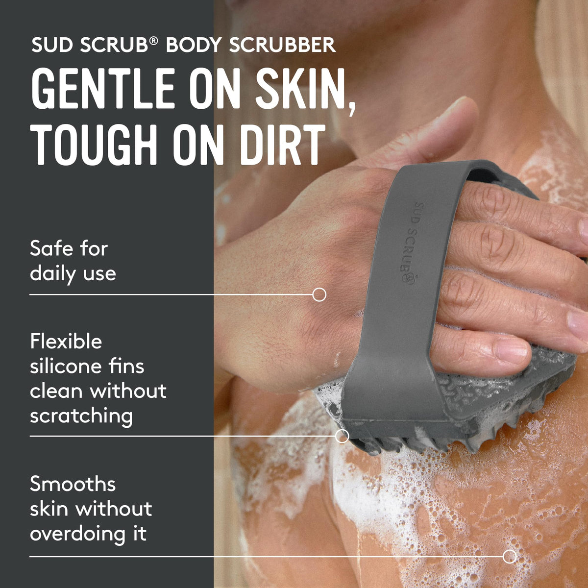 Sud Scrub back with secure strap showing non-slip hold and safer shower use