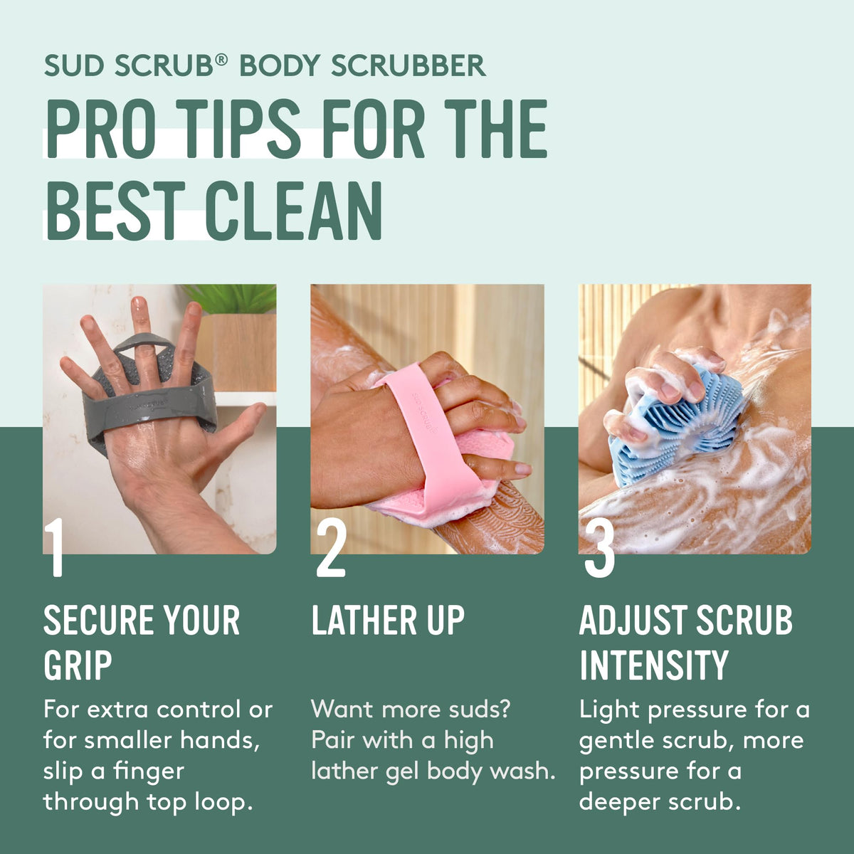 Sud Scrub on bathroom shelf styled in mint setting promoting clean, eco choice