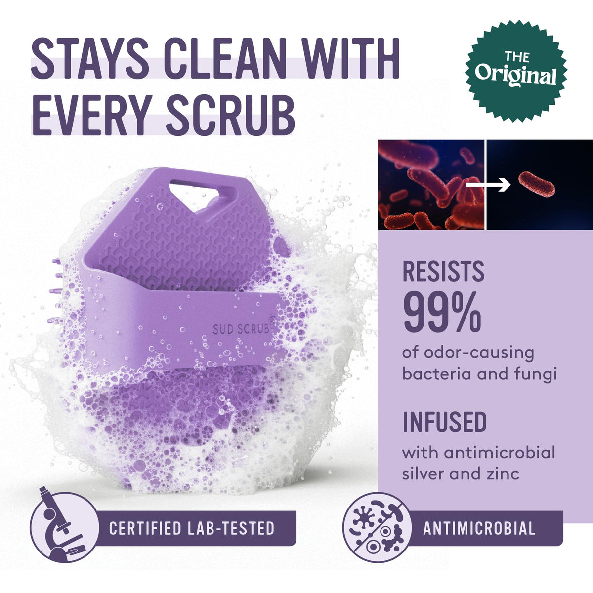 Sud Scrub close-up of silicone fins highlighting gentle exfoliation and durability