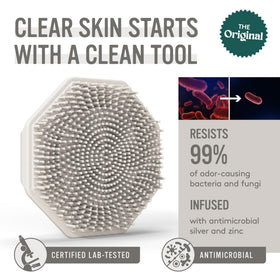 Sud Scrub close-up of soft silicone bristles, gentle exfoliation benefit