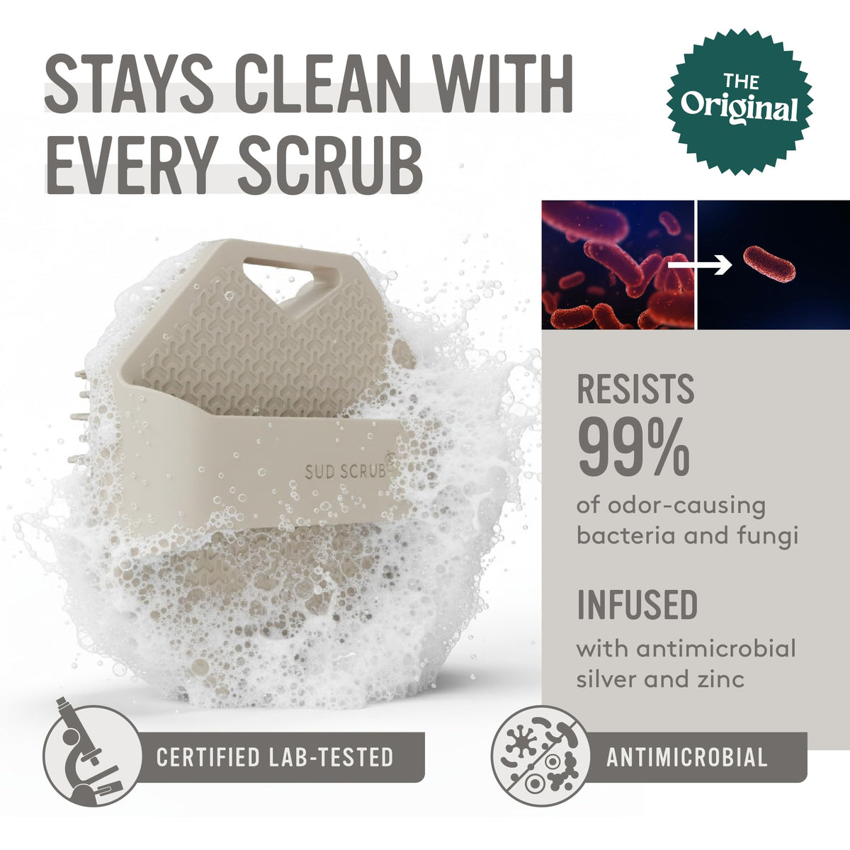 Sud Scrub close-up of flexible fins and texture benefit: gentle effective exfoliation