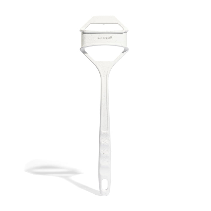 Sud Scrub extender handle front view showing speckled white finish and easy reach