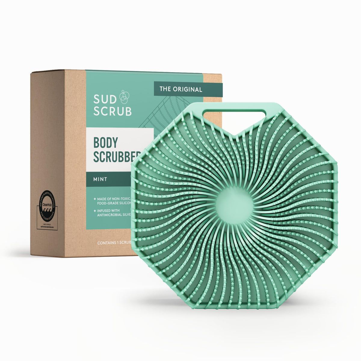 Sud Scrub front view mint scrubber showing shape and color for easy use