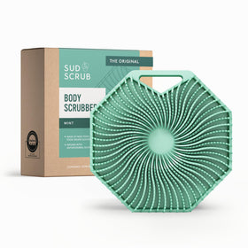 Sud Scrub front view mint scrubber showing shape and color for easy use