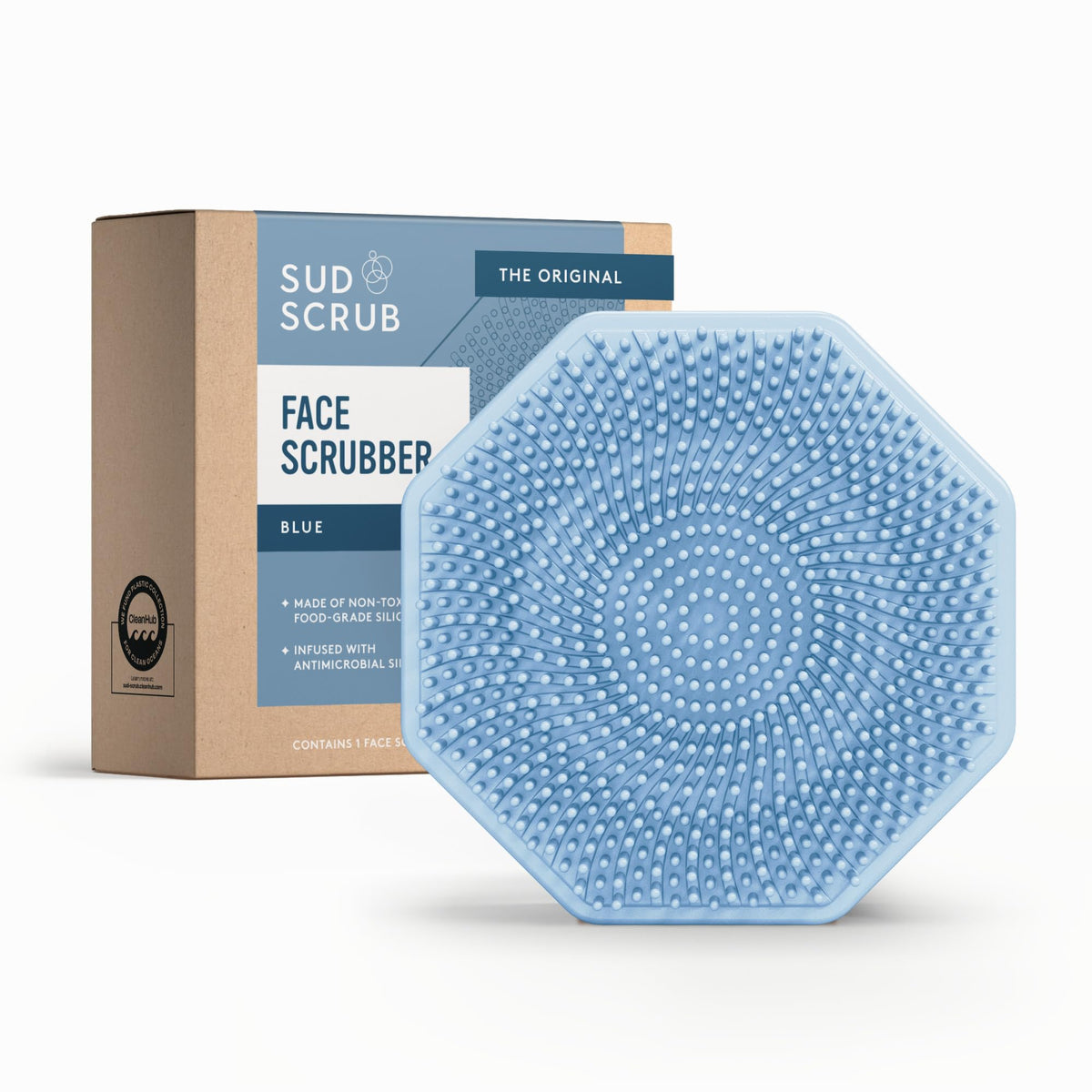 Sud Scrub front view of blue antimicrobial silicone face scrubber, hygienic design benefit