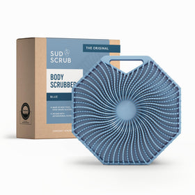 Sud Scrub front view in blue showing whole silicone brush and benefits