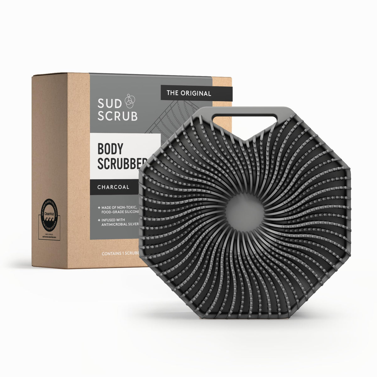 Sud Scrub front view showing charcoal silicone and ergonomic shape for gentle cleansing