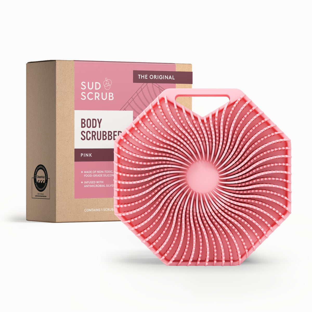 Sud Scrub front view pink showing compact hygienic silicone scrubber and benefits