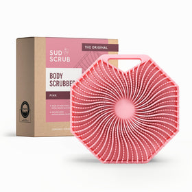 Sud Scrub front view pink showing compact hygienic silicone scrubber and benefits