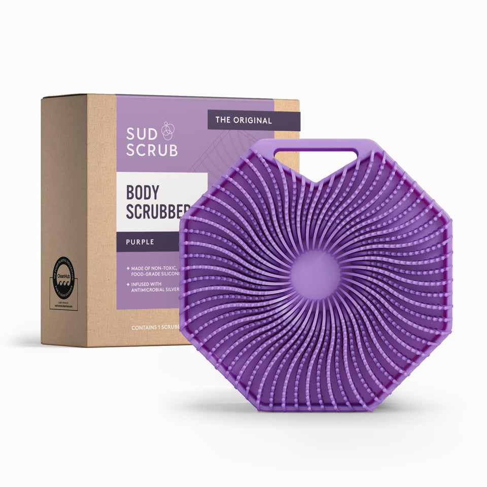 Sud Scrub front view in purple showing overall shape and gentle fins for exfoliation