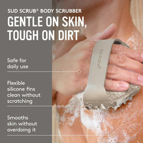 Sud Scrub hand strap detail with secure grip benefit: non-slip control during showers