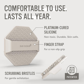 Sud Scrub held in hand during wash, secure grip and easy control