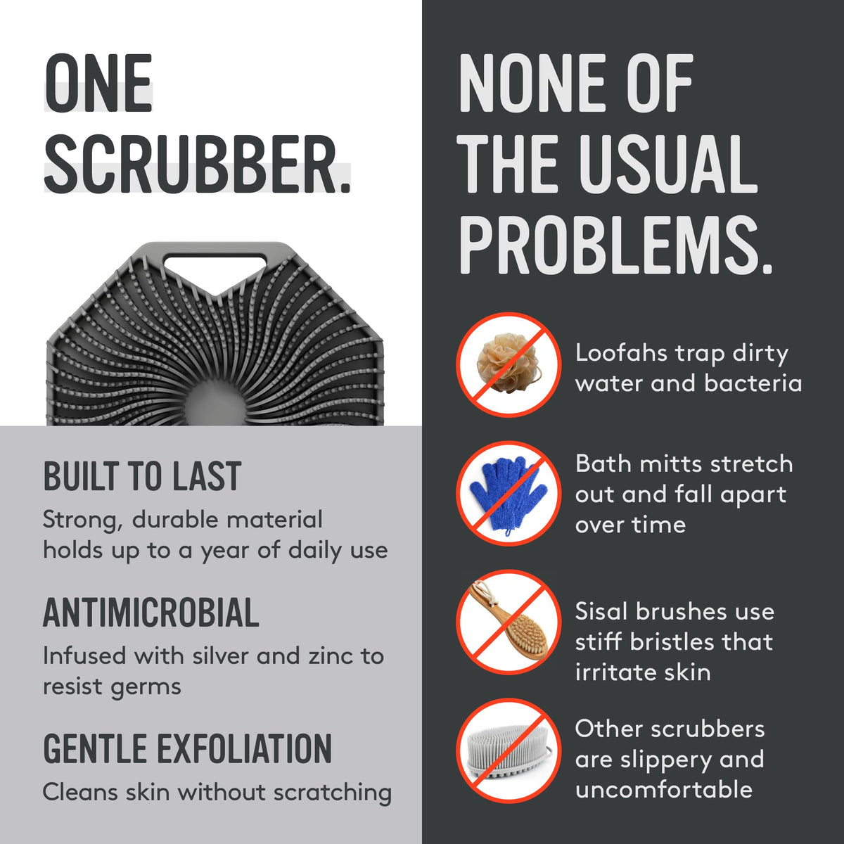 Sud Scrub held in wet hand during shower showing stable grip and easy handling