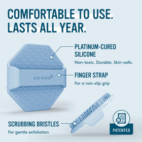 Sud Scrub in hand under water showing easy rinsing and quick-dry benefit