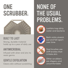 Sud Scrub in shower being used on arm benefit: comfortable cleansing for sensitive skin