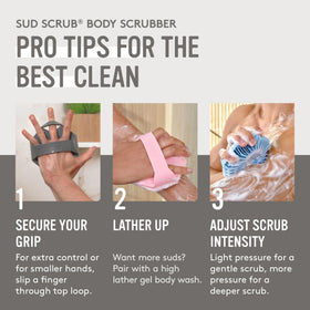 Sud Scrub on bathroom counter styled lifestyle shot benefit: eco-friendly reusable essential