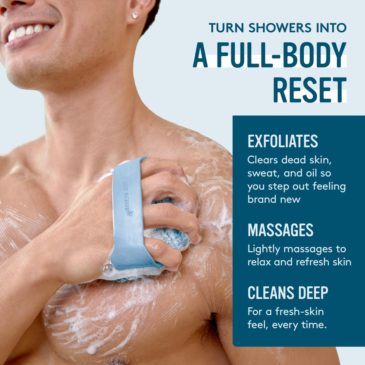 Sud Scrub beside soap showing compact size and storage benefit