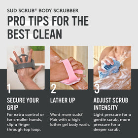 Sud Scrub on bathroom shelf in lifestyle scene showing eco-friendly reusable option