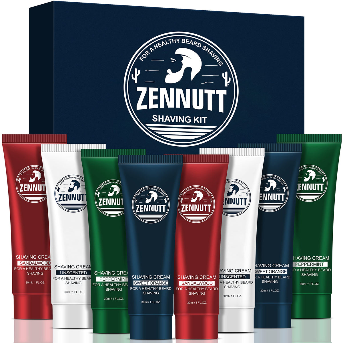 sufe front packaging showing eight travel shaving tubes and gift box, convenient gifting