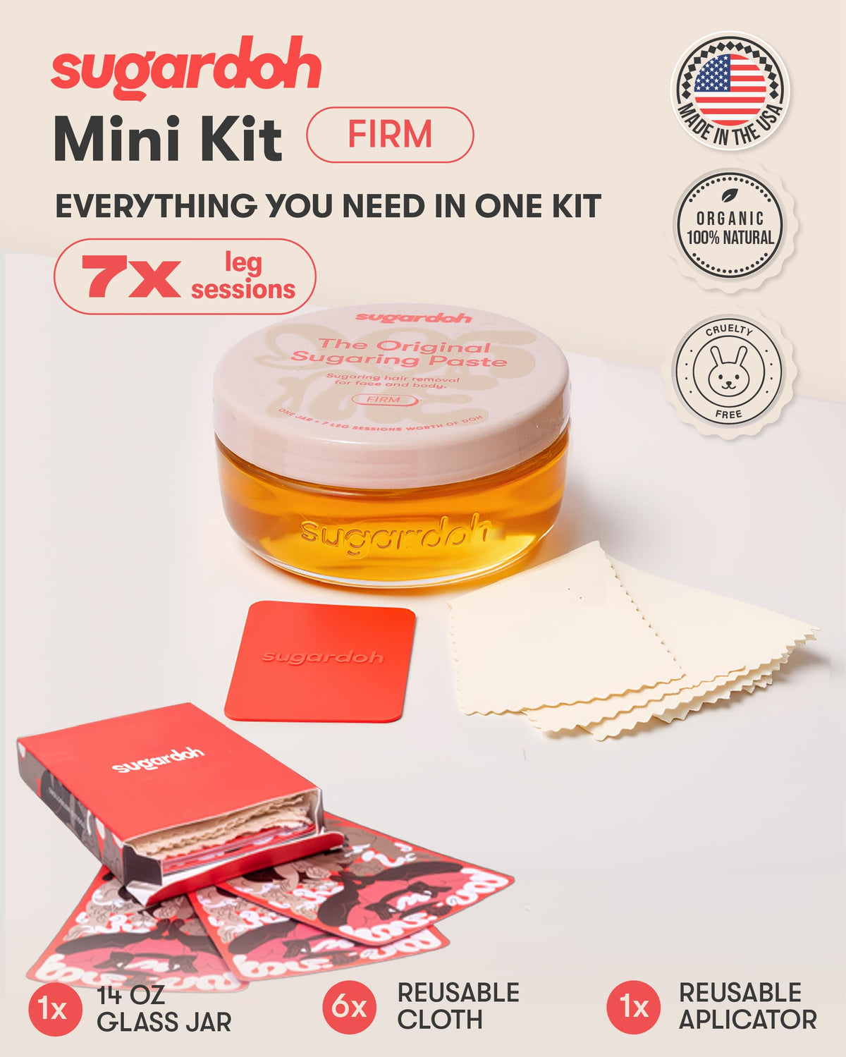 SUGARDOH reusable applicator and cloth strips laid flat demonstrating low-waste benefit