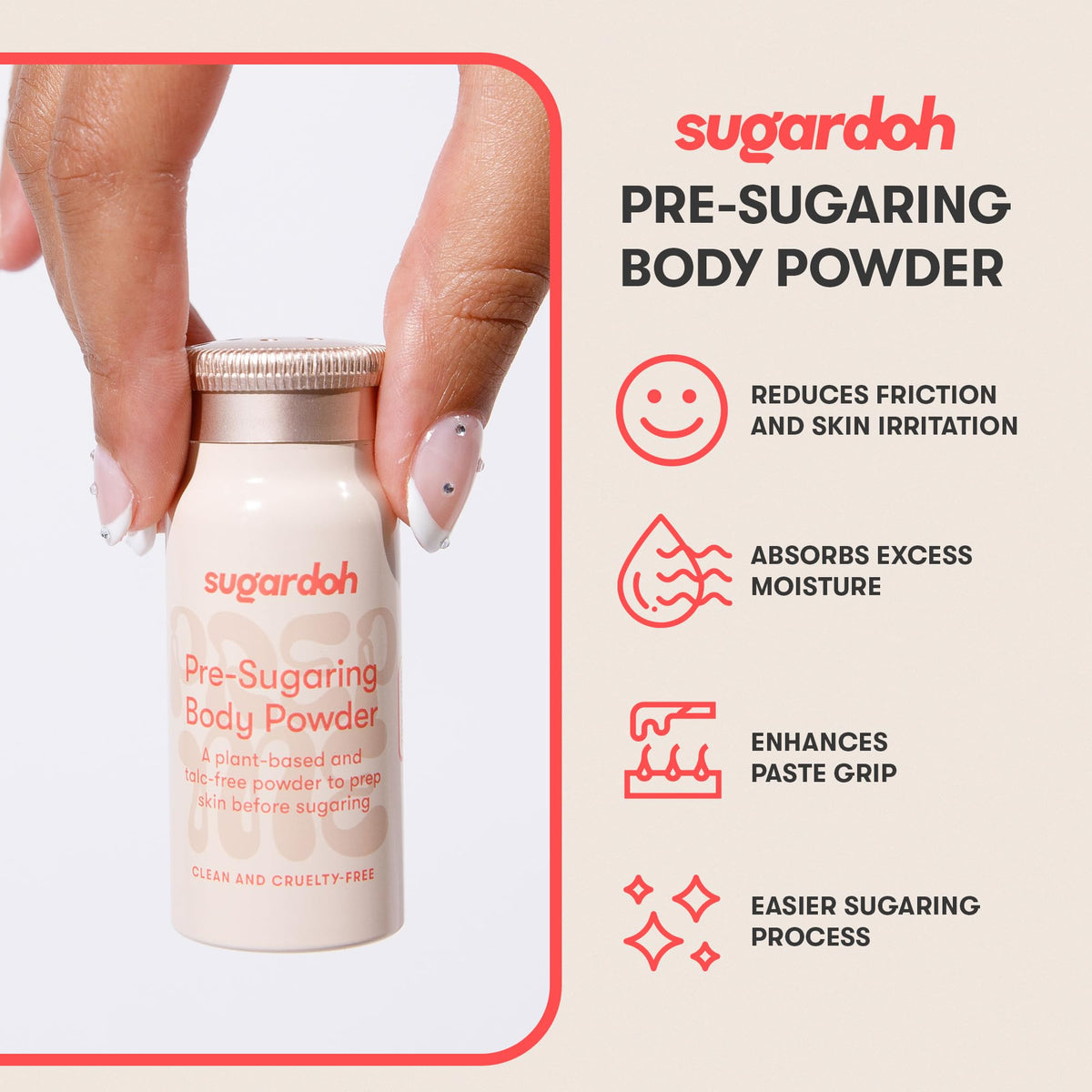 SUGARDOH ingredient label close-up listing natural talc-free components