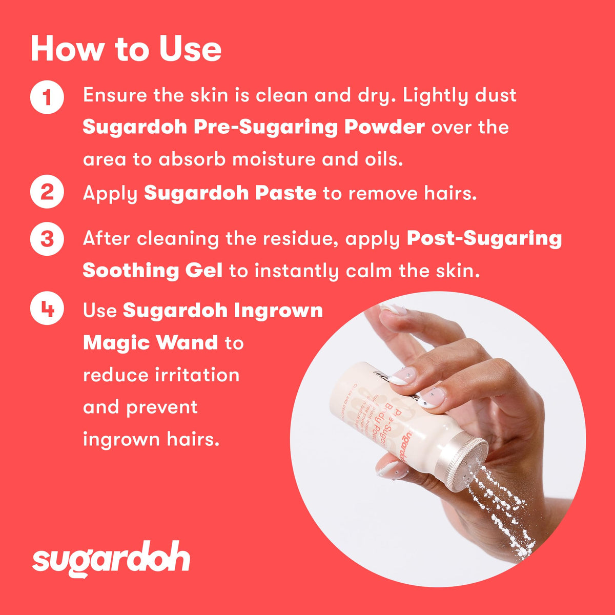 SUGARDOH powder in palm ready to dust, illustrates simple application