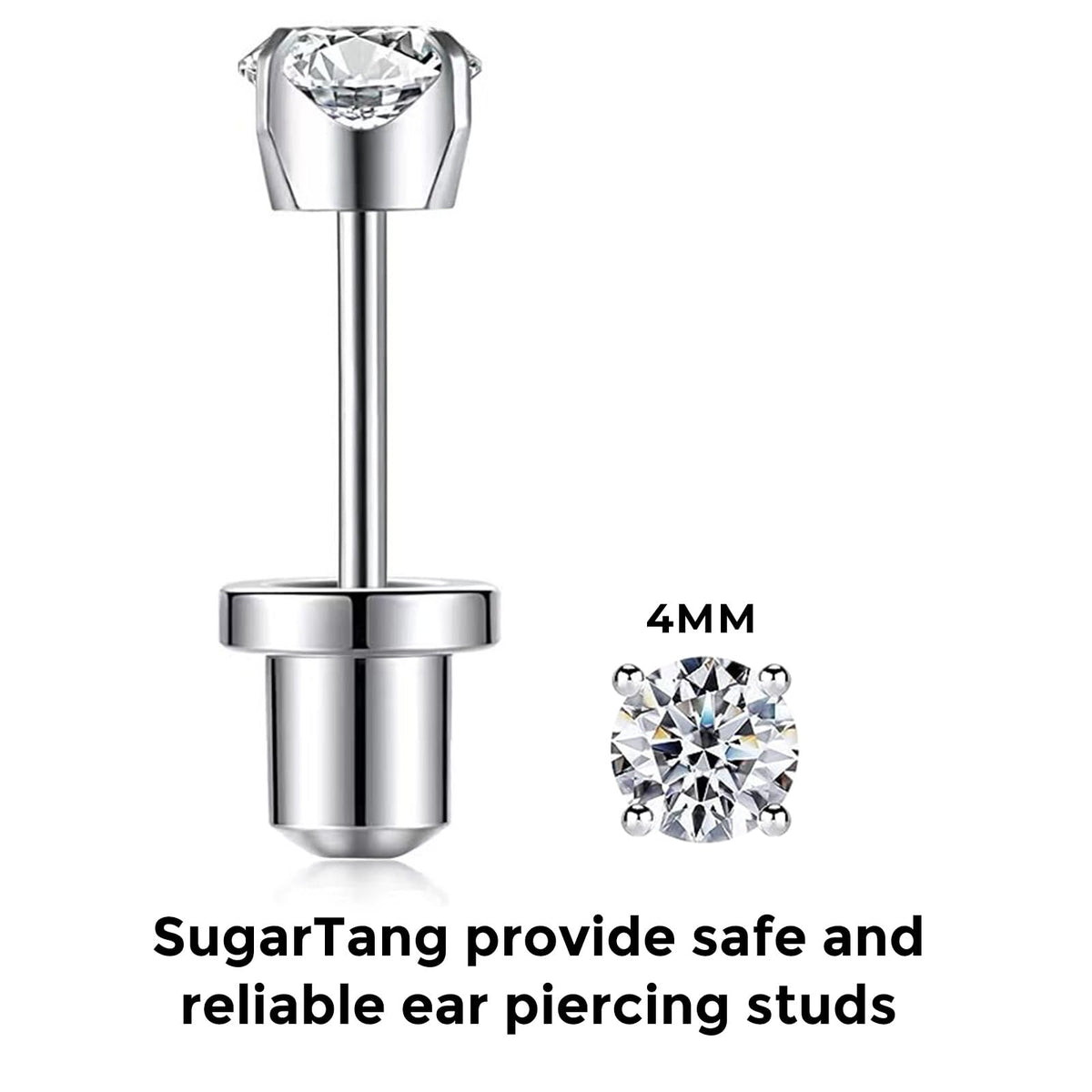 SugarTang stud and safety bullet back detail showing surgical steel finish and secure fit