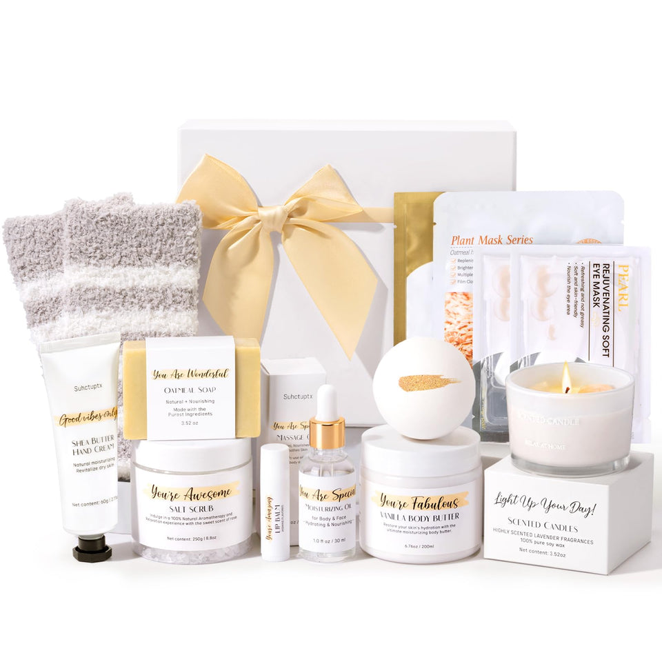 Suhctuptx front packaging showing elegant white spa box and contents, perfect gift