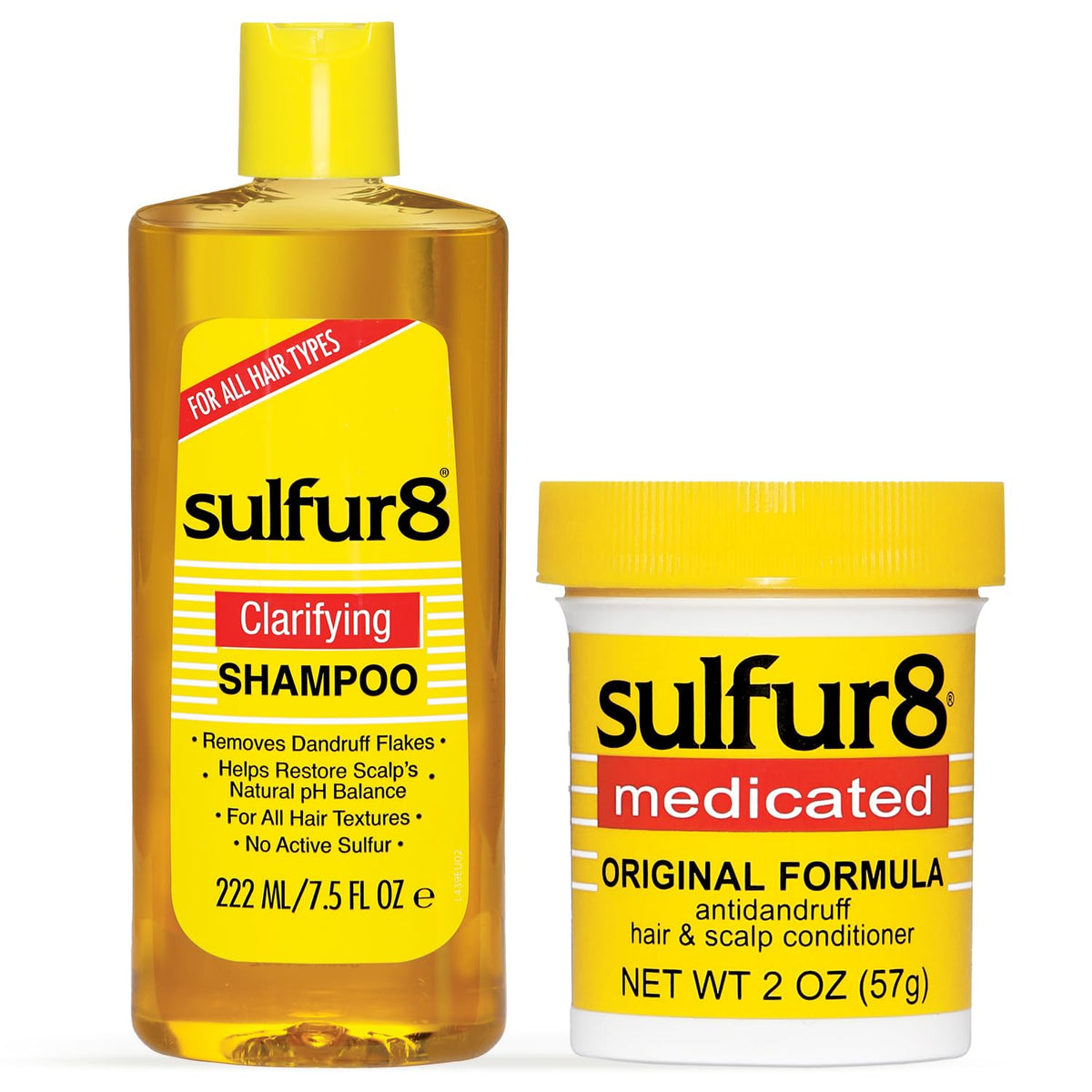 SULFUR8 front packaging showing shampoo and conditioner for medicated scalp care