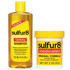 SULFUR8 front packaging showing shampoo and conditioner for medicated scalp care