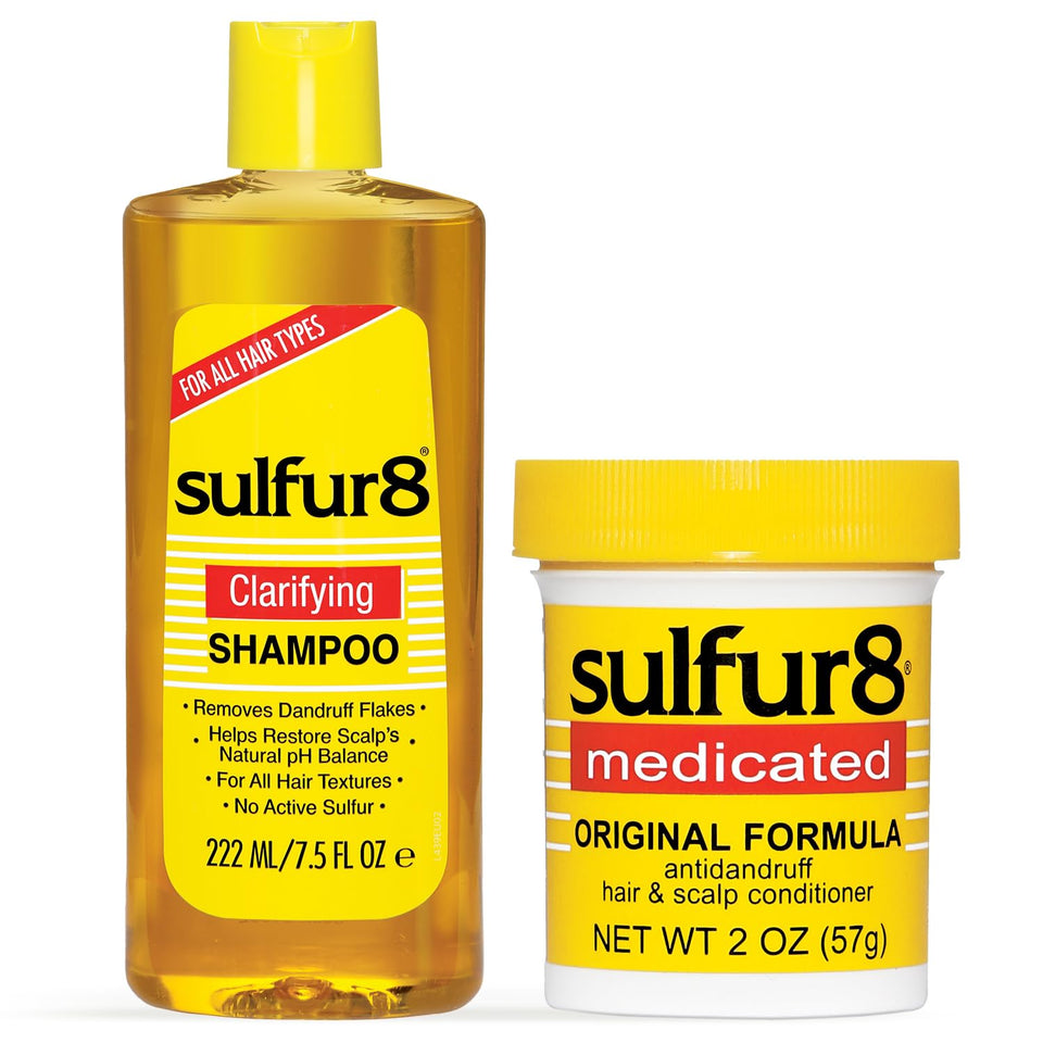 SULFUR8 front packaging showing shampoo and conditioner for medicated scalp care