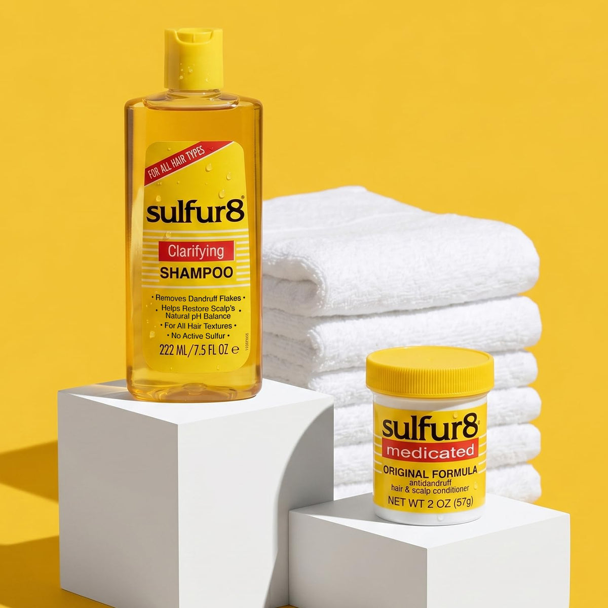 SULFUR8 duo staged in bathroom routine to suggest simple weekly use