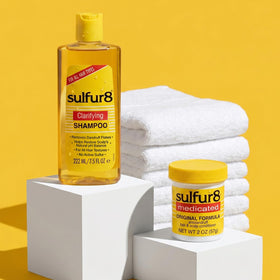 SULFUR8 duo staged in bathroom routine to suggest simple weekly use