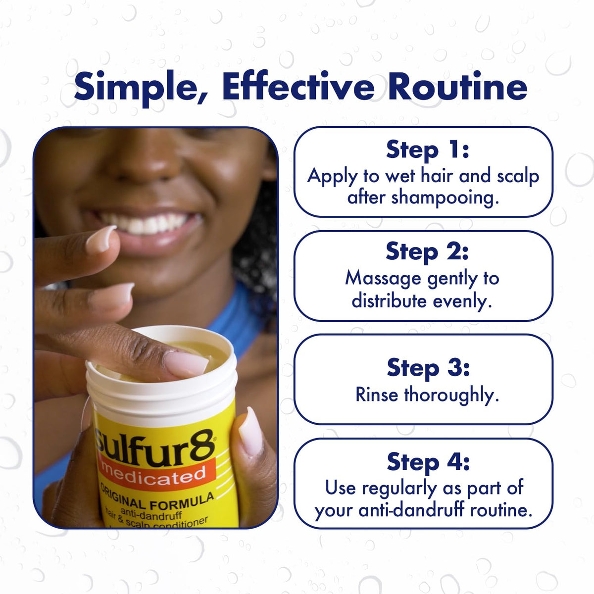 SULFUR8 being applied to scalp to soothe itch and reduce flakes