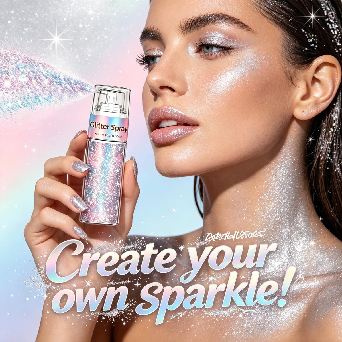 Sulily close-up on ultra-fine silver glitter texture, adds precise shimmer