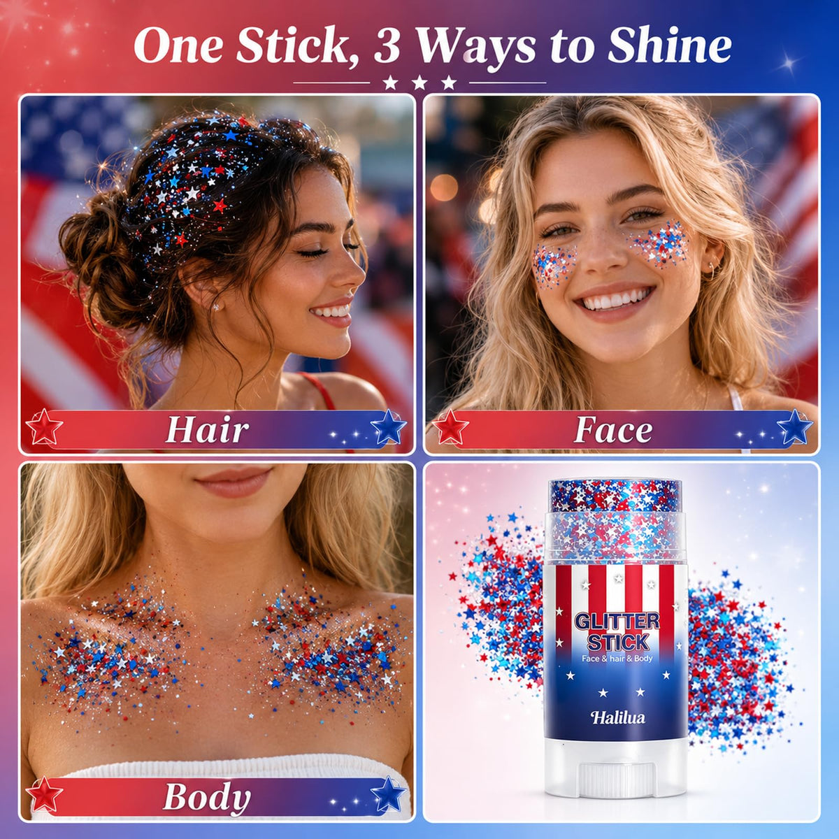 Sulily hairline glitter roots application adding patriotic accents to braids and updos