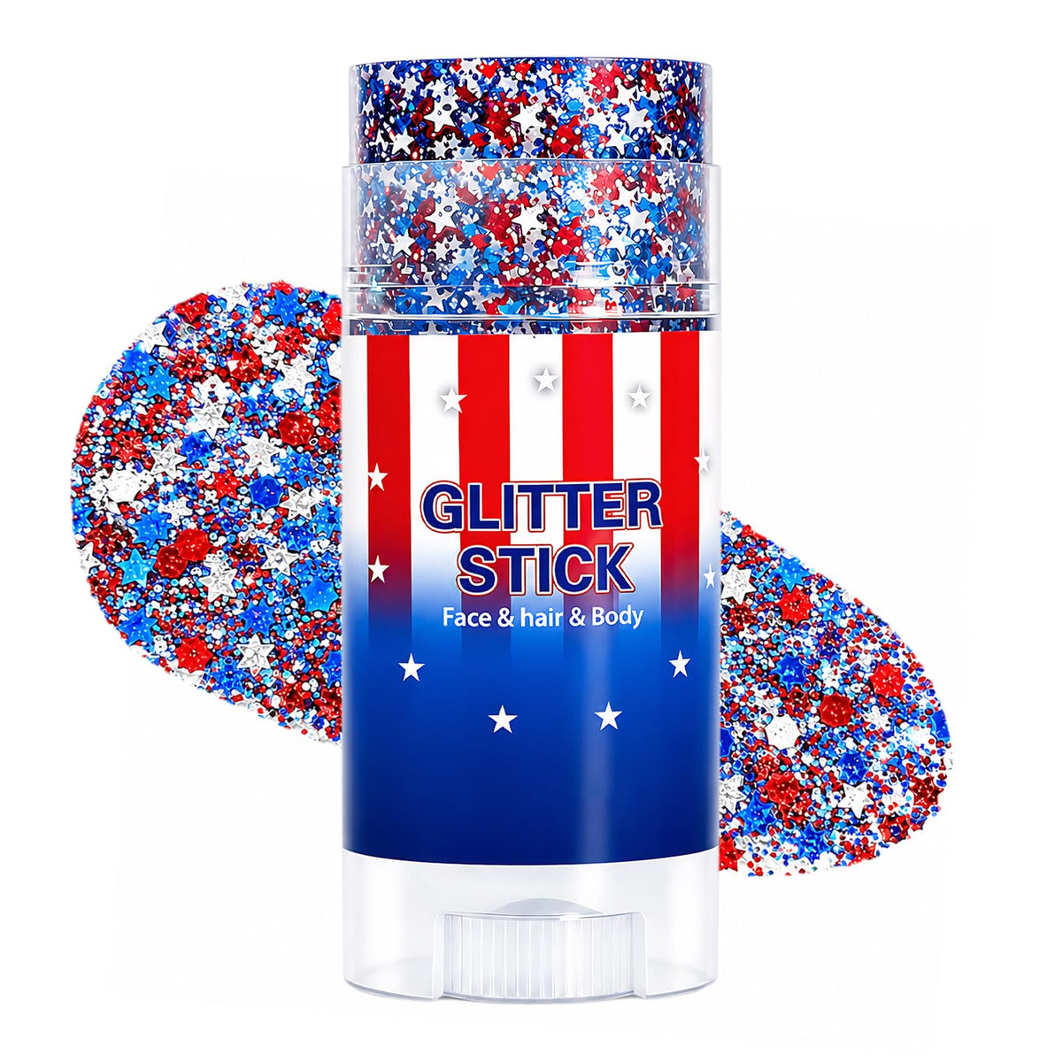 Sulily glitter stick front packaging showing patriotic red white blue design and portability