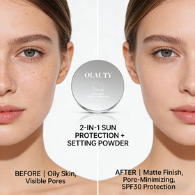 Sulily sponge applying powder to cheek demonstrating easy coverage and touch-up