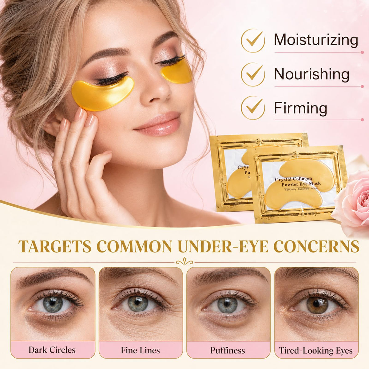 Sulily close-up of 24K gold hydrogel under-eye patch highlighting smooth shine and hydration