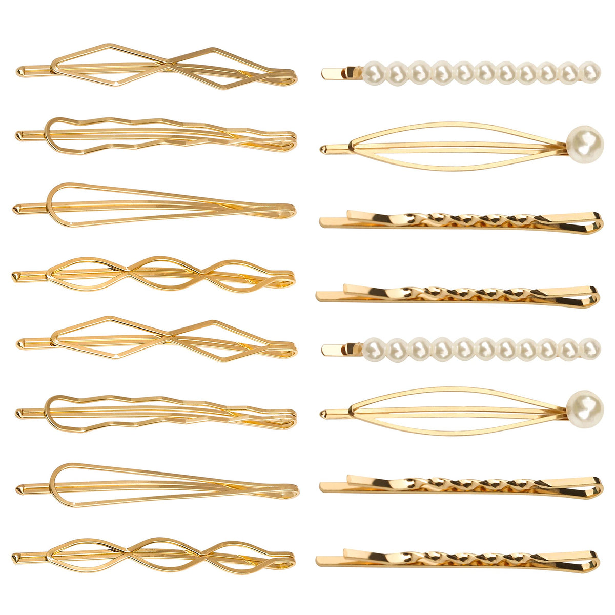 SUMAJU front view of 16-piece gold geometric hair pin set showing styles and packaging benefit