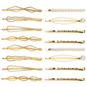 SUMAJU front view of 16-piece gold geometric hair pin set showing styles and packaging benefit