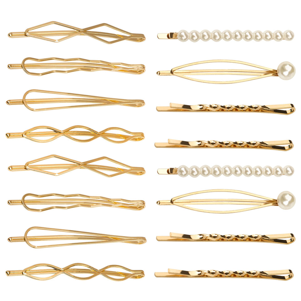 SUMAJU front view of 16-piece gold geometric hair pin set showing styles and packaging benefit