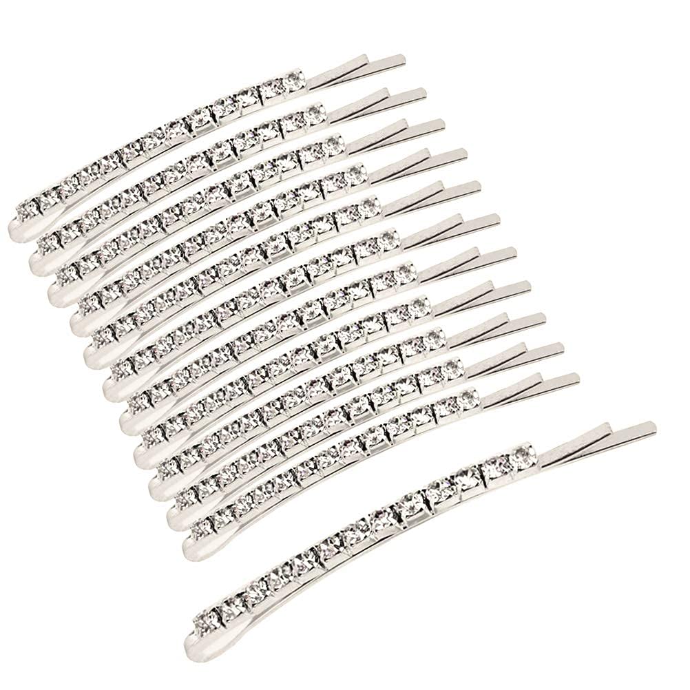 SUMAJU front view of 12 silver rhinestone bobby pins highlighting elegant packaging
