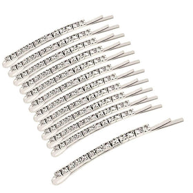 SUMAJU front view of 12 silver rhinestone bobby pins highlighting elegant packaging