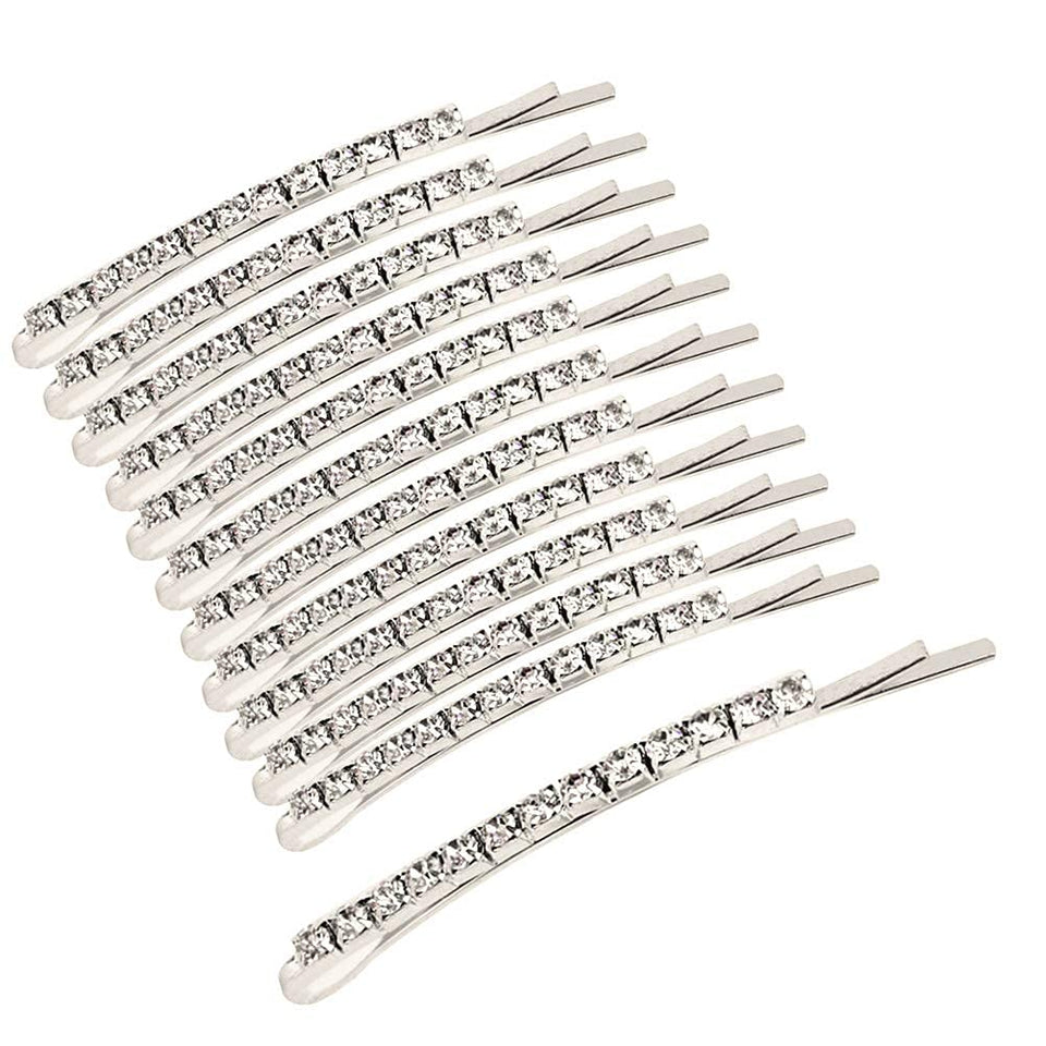 SUMAJU front view of 12 silver rhinestone bobby pins highlighting elegant packaging