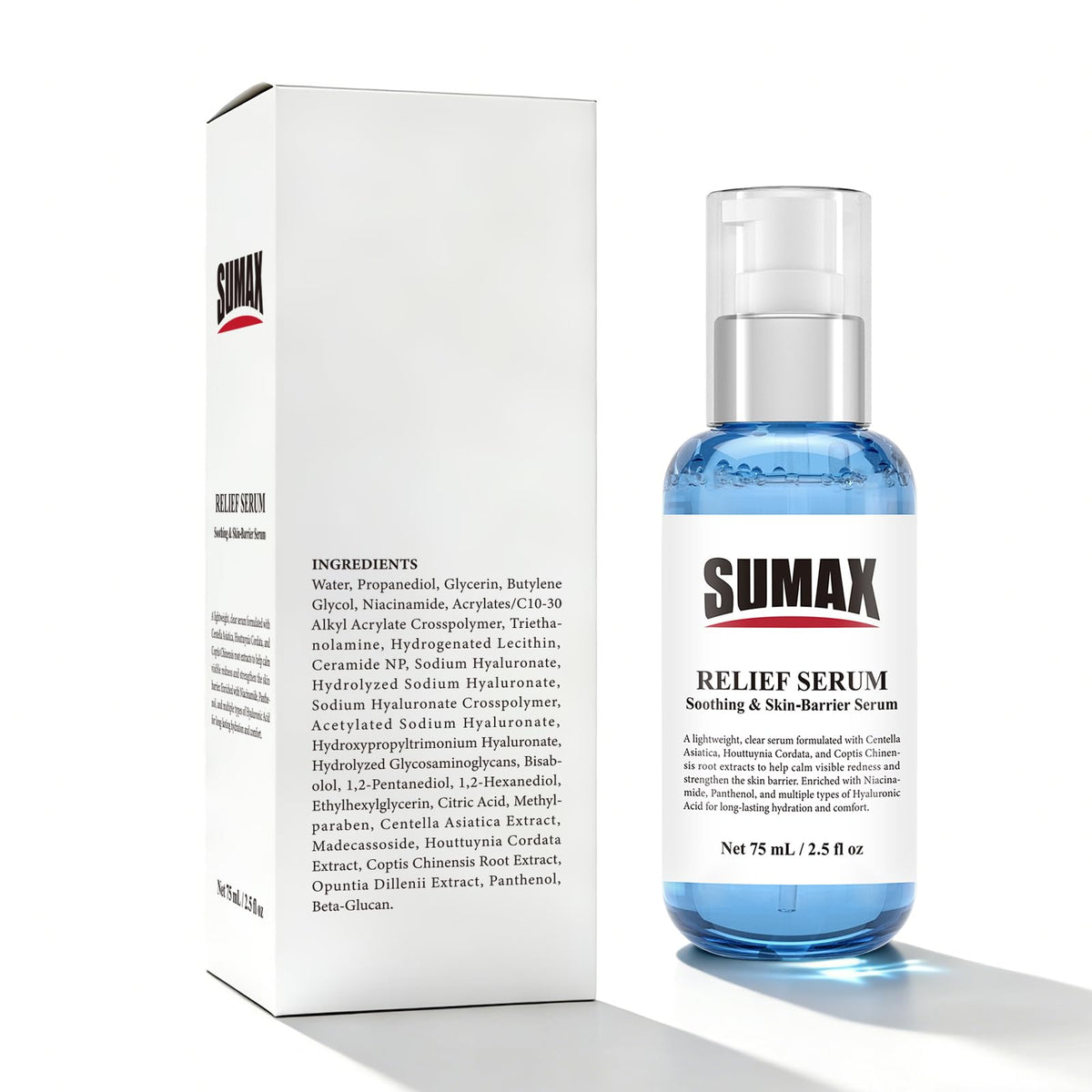 SUMAX relief serum conceptual before and after image showing improved even-looking complexion benefit