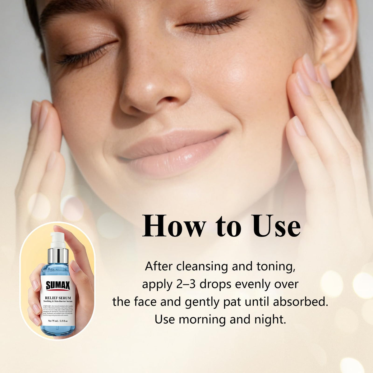 SUMAX relief serum on bathroom shelf in lifestyle scene showing everyday routine compatibility