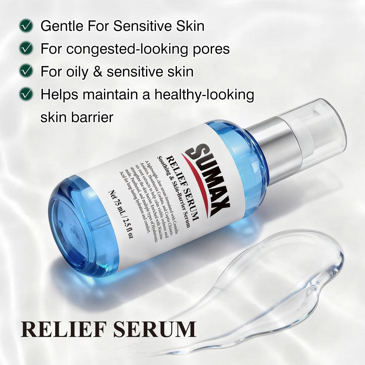 SUMAX relief serum pump and label detail highlighting easy dispensing and ingredient list