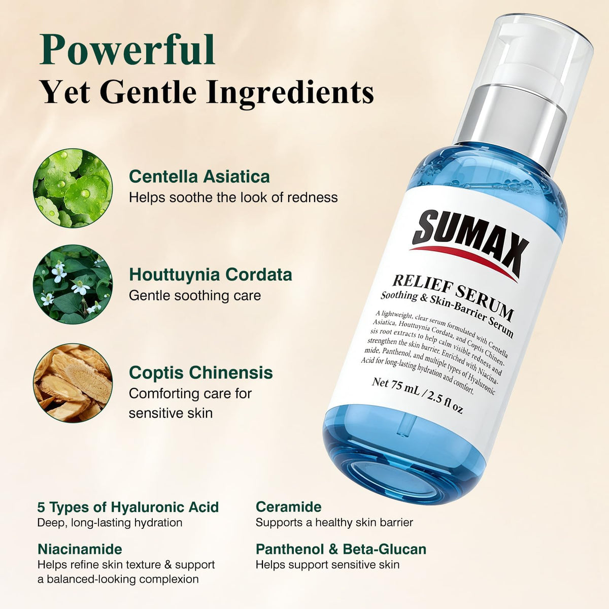 SUMAX relief serum texture close-up drop demonstrating watery, fast-absorbing hydration